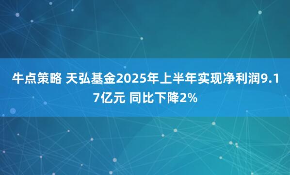 牛点策略 天弘基金2025年上半年实现净利润9.17亿元 同比下降2%